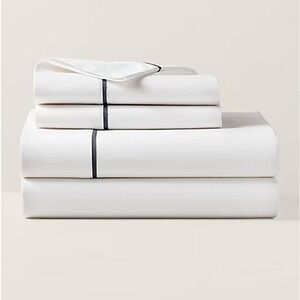 Ralph Lauren Percale‎ King Flat Sheet Loft Gray Trim Organic Cotton Neutral NEW